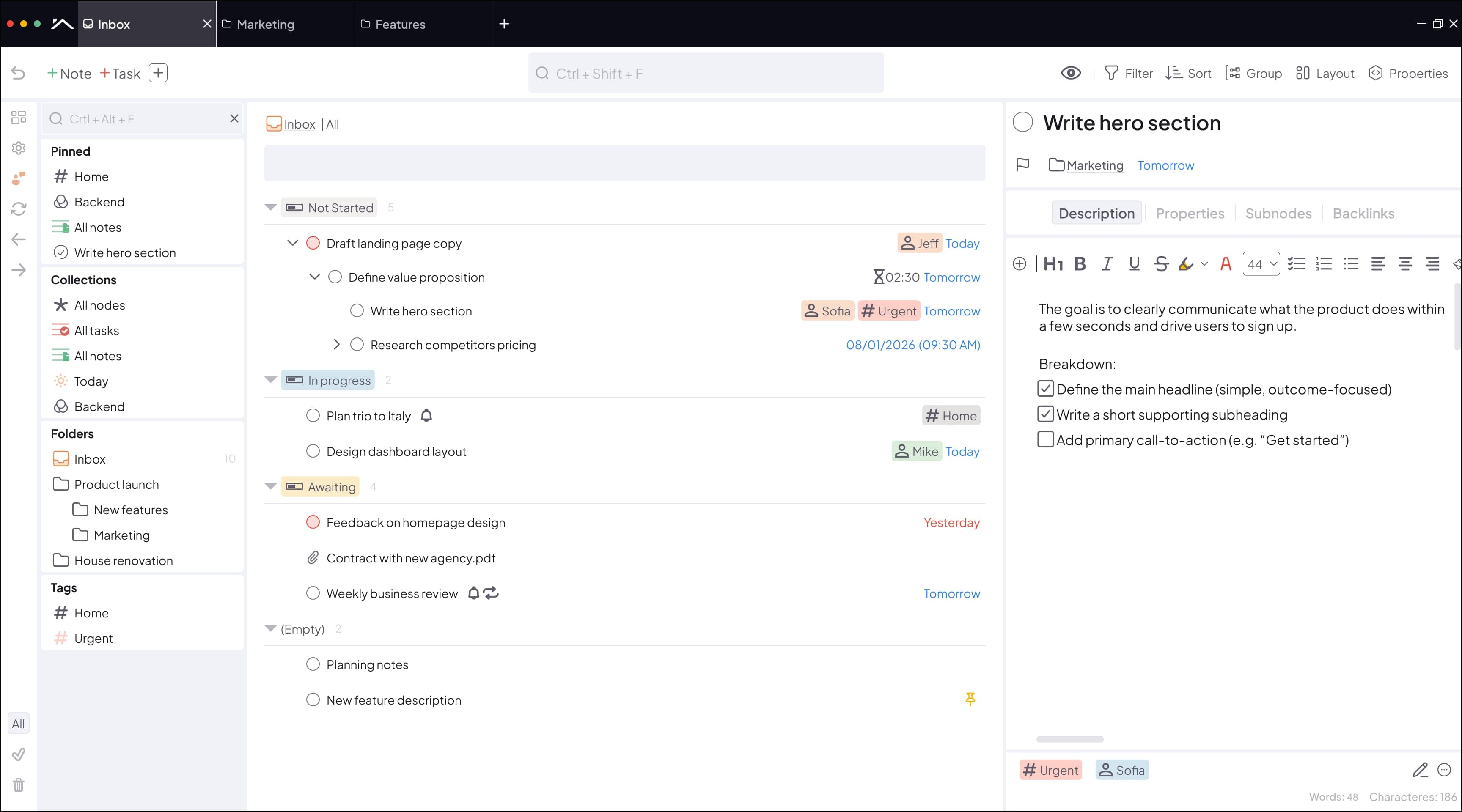 Myndo desktop app — List view in dark theme